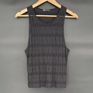 Zara Women's Sheer Lace Textured Tank Top L Black Boho Festival Going Out Top